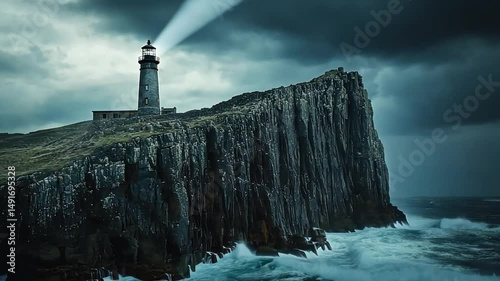 Lighthouse on a Dramatic Cliffside During a Stormy Night