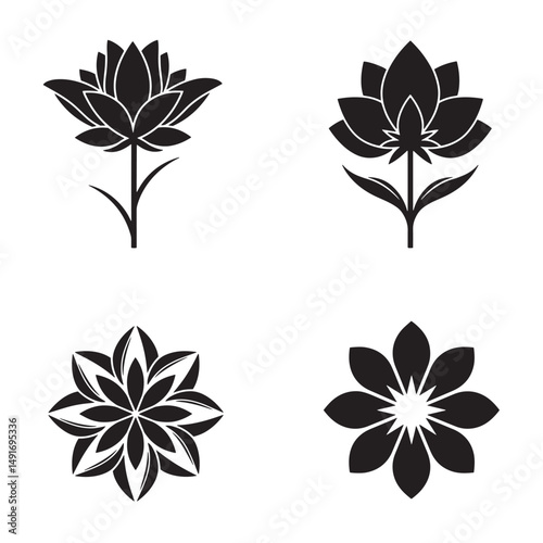 Elegant monochrome floral vector designs featuring four different styles suitable for various design applications