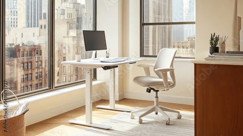 Modern home office with standing desk, chair, and city view.