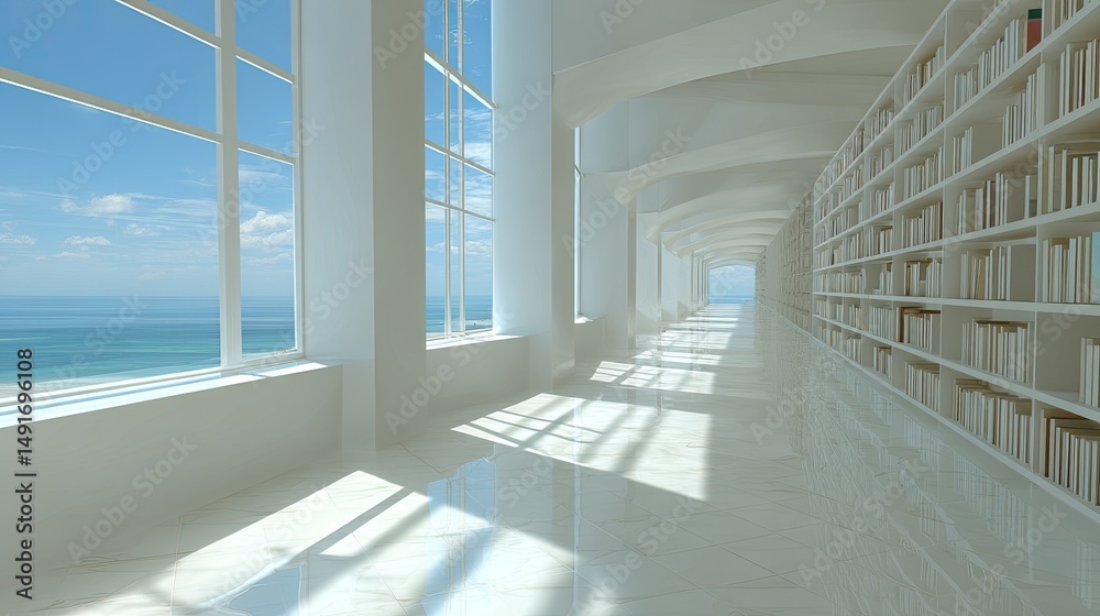 Obraz premium Coastal Library Serene Hallway with Ocean View with LightFilled.