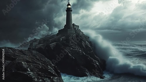Lighthouse Standing Strong Against Furious Ocean Waves During a Dramatic Storm