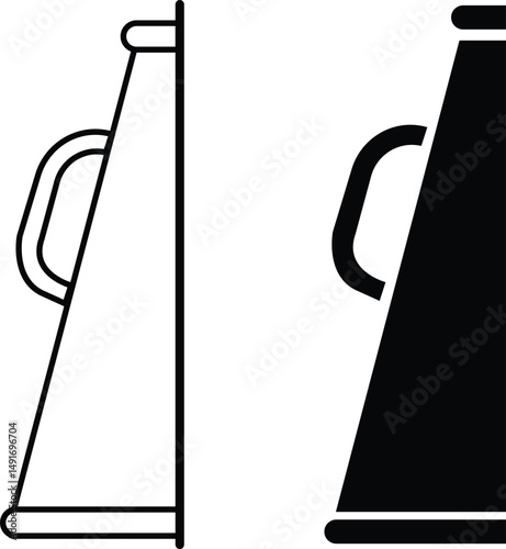 Cheerleader split megaphone icon set black flat, outline styles. Contour symbol. Megaphone, pom-poms. Sport team support group. Customizable illustration collection isolated on transparent background.