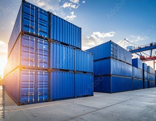 Stacked blue shipping containers at a port with a crane and a blue sky on a sunny day at the docks
