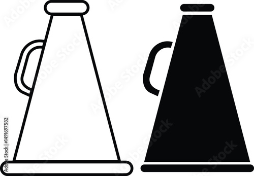 Cheerleader split megaphone icon set black flat, outline styles. Contour symbol. Megaphone, pom-poms. Sport team support group. Customizable illustration collection isolated on transparent background.
