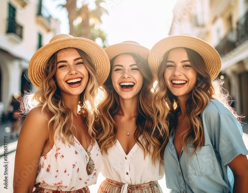 Three women smiling wearing hats and summer clothes standing outside in a sunny day setting