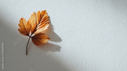 a single leaf casting a soft shadow on a white surface, modern minimal layout, light tone, empty background for typography,