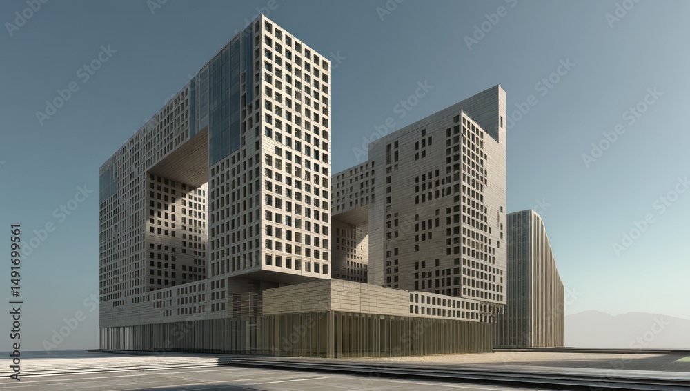 Fototapeta premium AI-generated design of a building with a grid-patterned facade reflecting modern architecture.
