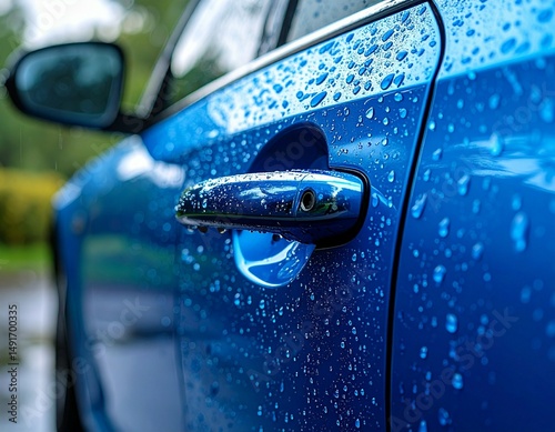 Close up of a blue car door and handle covered in water droplets after a rain shower in the outdoors