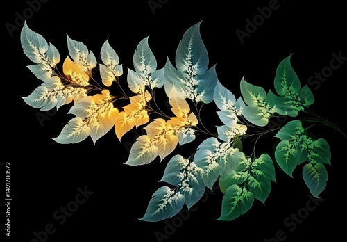 Delicate detailed leaf pattern in gradient colors from green to yellow on a black background creating a natural and elegant visual effect