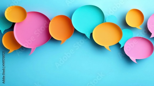 Colorful empty speech bubbles in pink, orange, and blue on a light blue background conveying communication and conversation