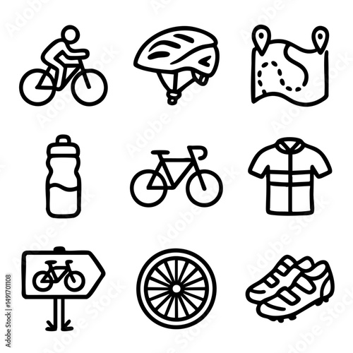 A set of doodle line icons showing cycling equipment, biking routes, helmets, hydration, sportswear, and bicycle-related accessories