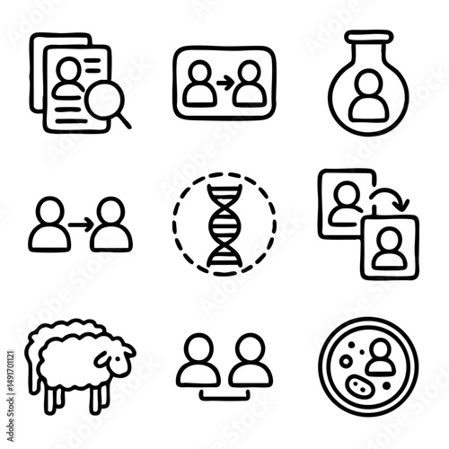 A set of doodle line icons illustrating human cloning, genetic engineering, DNA transfer, lab research, and artificial reproduction concepts