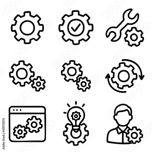 A set of doodle line icons representing gears, system settings, optimization, tools, process management, and technical operations