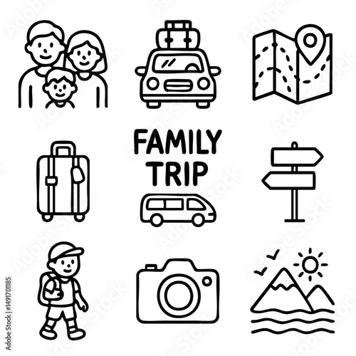 A set of doodle line icons showing family trip essentials like maps, luggage, camera, car, kid traveler, and scenic destination