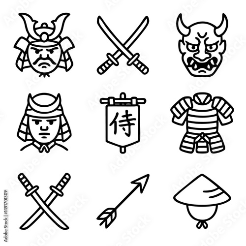 A set of doodle line icons representing samurai culture, including armor, katana swords, oni mask, banner, arrow, and traditional helmet
