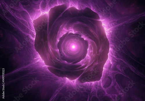 Glowing purple spiral vortex with textured swirling layers radiating light from the center, creating a mysterious and hypnotic effect