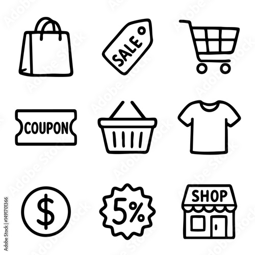 A set of doodle line icons showing retail shopping elements including bag, cart, sale tag, coupon, basket, shirt, and discount label