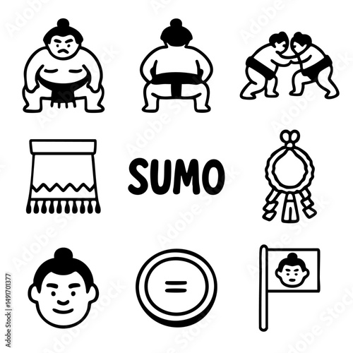 A set of doodle line icons featuring sumo wrestlers, dohyo ring, kesho-mawashi, victory wreath, and symbols of Japanese sumo culture
