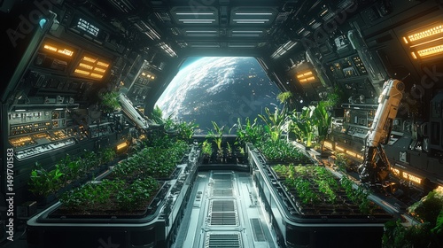 Fototapeta Naklejka Na Ścianę i Meble -  Futuristic space station hydroponic farm.  View of Earth from a spacecraft's interior, showcasing a self-sustaining farm