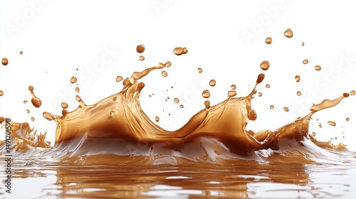 A dynamic splash of brown liquid, creating a captivating wave-like pattern against a stark white backdrop.  The droplets and texture are finely detailed
