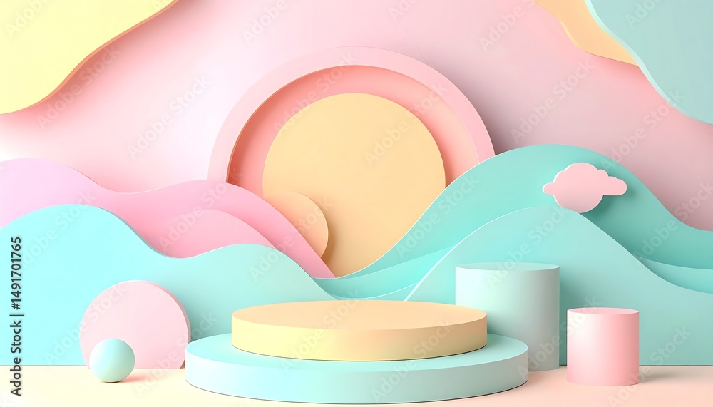 Fototapeta premium A colorful abstract landscape featuring layered geometric shapes in pastel hues, evoking a playful and serene atmosphere