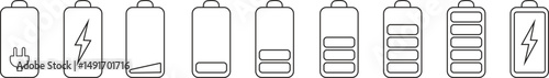 Phone battery load charge information level black outline icon set. Full, low and empty battery status. Smartphone different battery accumulator charge level indicators vector illustration collection.