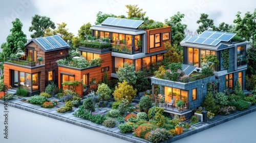 Eco-friendly homes nestled in a vibrant urban garden.  Modern sustainable dwellings with rooftop gardens and solar panels