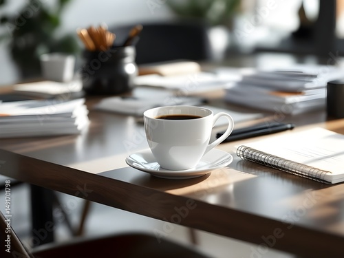 White coffee cup with laptop computer on office table for business concept, in clean office.