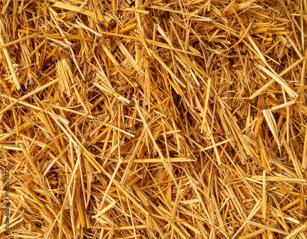 A close up shot showcasing a dense layer of dry straw creating a textured golden background scene A close up shot showcasing a dense layer of dry straw creating a textured golden background scene