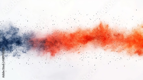 Abstract image of a vibrant, horizontal explosion of blue and orange powder on a white background.  The colors blend and diffuse creating a dynamic, energetic effect