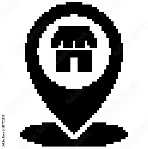Pixel store location icon vector for map pointer, retail shop, and digital store address. Ideal for 8-bit shop locator, pixel cartography, and retro map marker design.