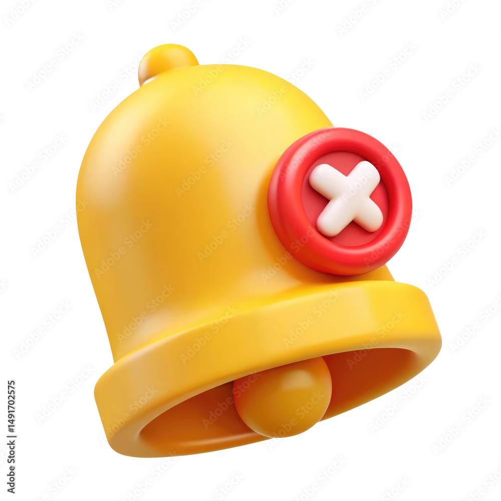 Fototapeta premium 3D Yellow Bell Icon with Red Cross Symbol Notification Off, Modern Digital Alert Mute Sign, Isolated on Transparent Background