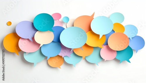 Colorful speech bubbles in various sizes and shades create a vibrant, playful background, symbolizing communication and conversation
