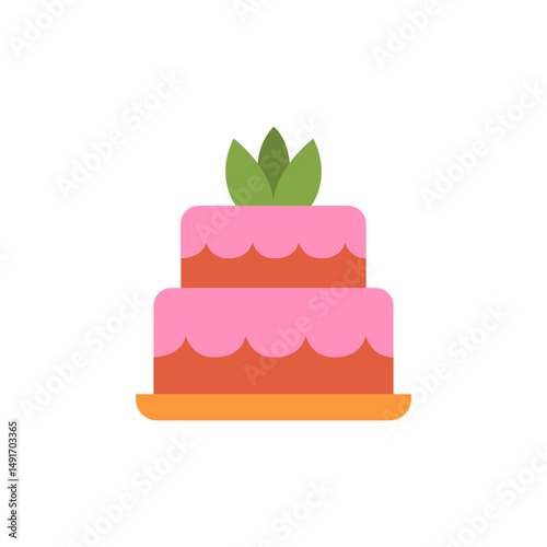 Whimsical layered cake illustration with leaf adornments on a transparent backdrop