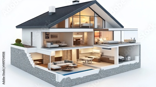 Modern house cutaway showcasing interior rooms, pool, garage, and landscaping.