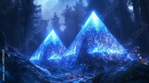 Glowing blue pyramids in a dark forest