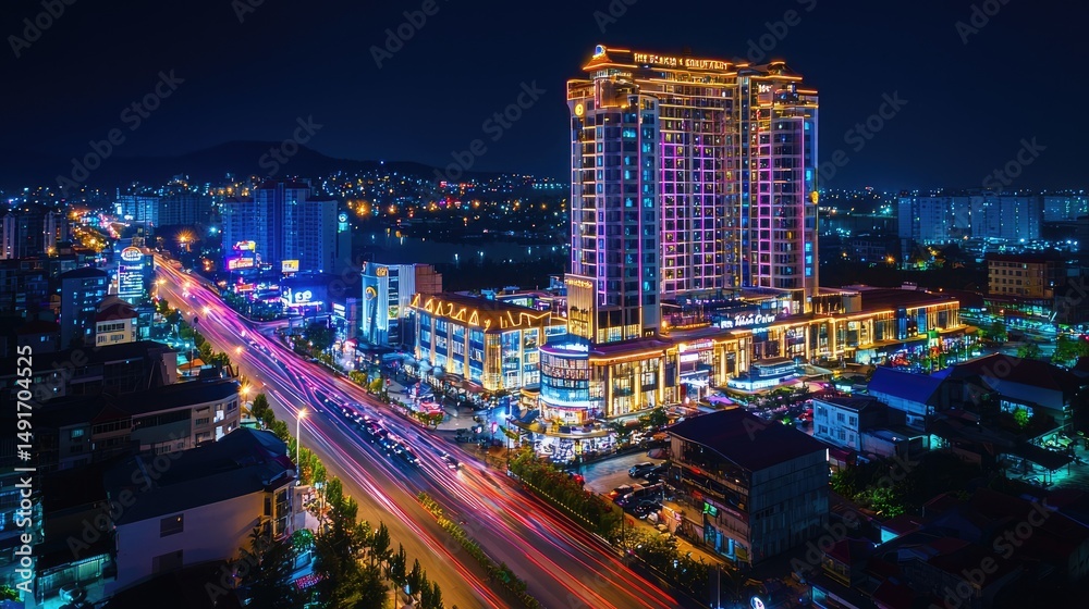 Obraz premium Illuminated city skyline at night with vibrant lights on a modern building.