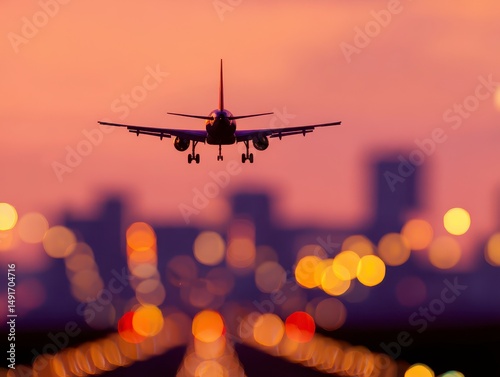 Passenger plane landing on airport runway in beautiful sunset light, modern city silhouette in the background