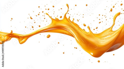 Dynamic splash of vibrant, golden liquid, frozen mid-air against a stark white backdrop.  The fluid's texture appears smooth and viscous, with droplets scattered throughout