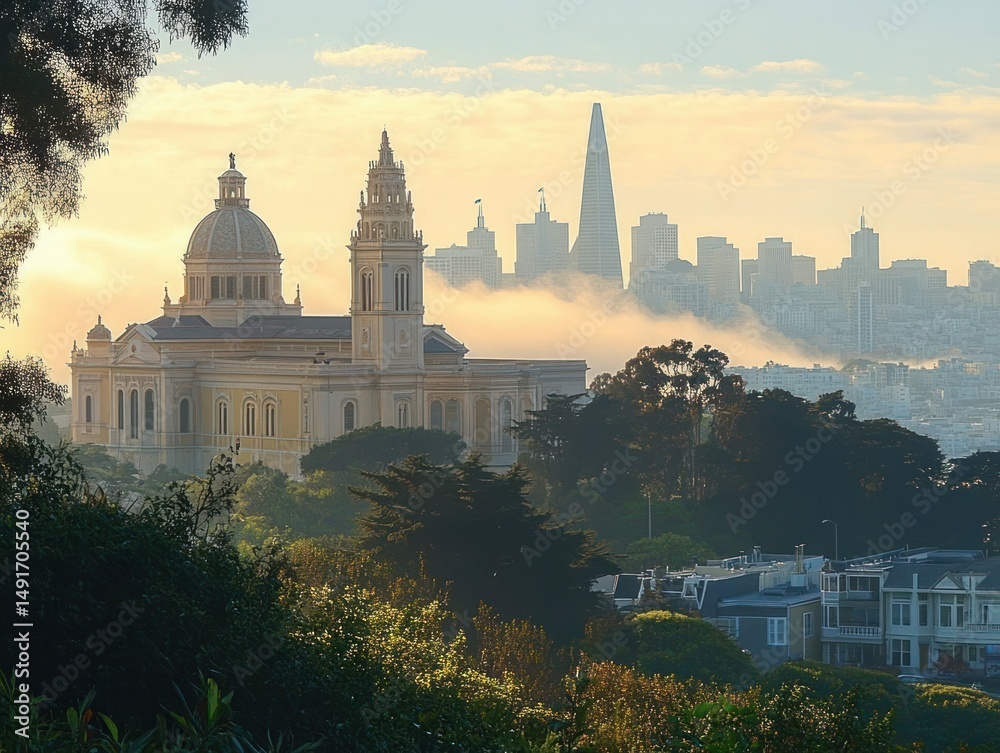 Obraz premium Historic church building set against modern city skyline with early morning fog and soft sunlight