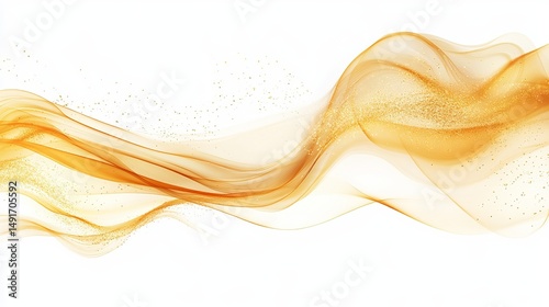 Abstract gold wave design with shimmering particles on a white background.  Elegant, flowing lines create a luxurious feel