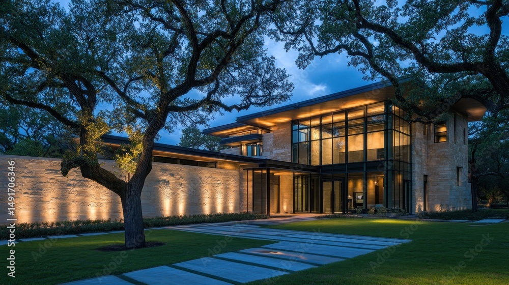 Obraz premium Modern house exterior at night, illuminated facade, large windows, stone wall, landscaping, walkway.