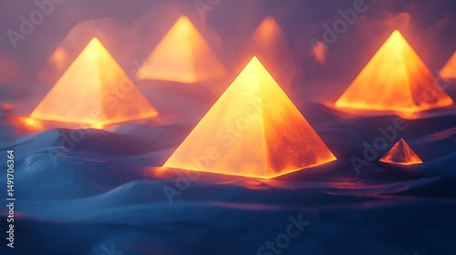 Glowing orange pyramids in smoky background