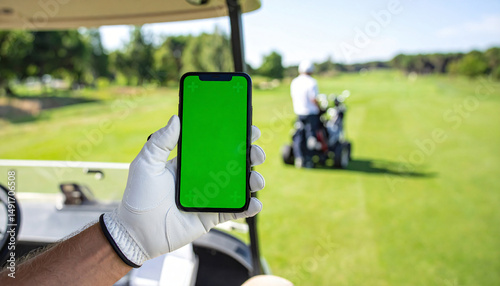 A golfer holds a green screen smartphone in a golf cart with a scenic course view, perfect for app or product mockups.