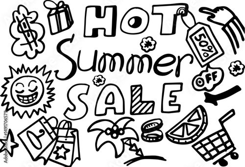 Hot summer sale advertisement with doodle elements and discounts  