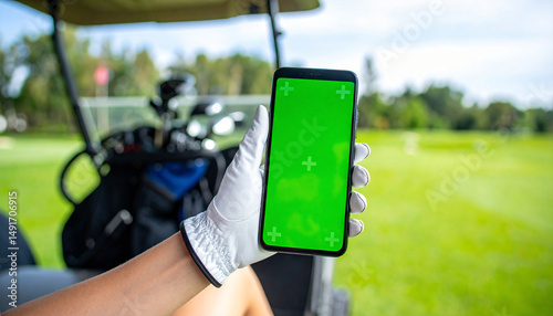 A golfer holds a green screen smartphone in a golf cart with a scenic course view, perfect for app or product mockups.