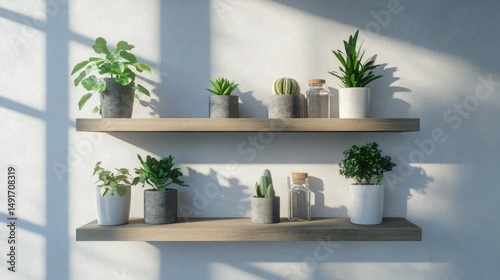 Two wooden shelves holding various potted plants in a sunlit room.