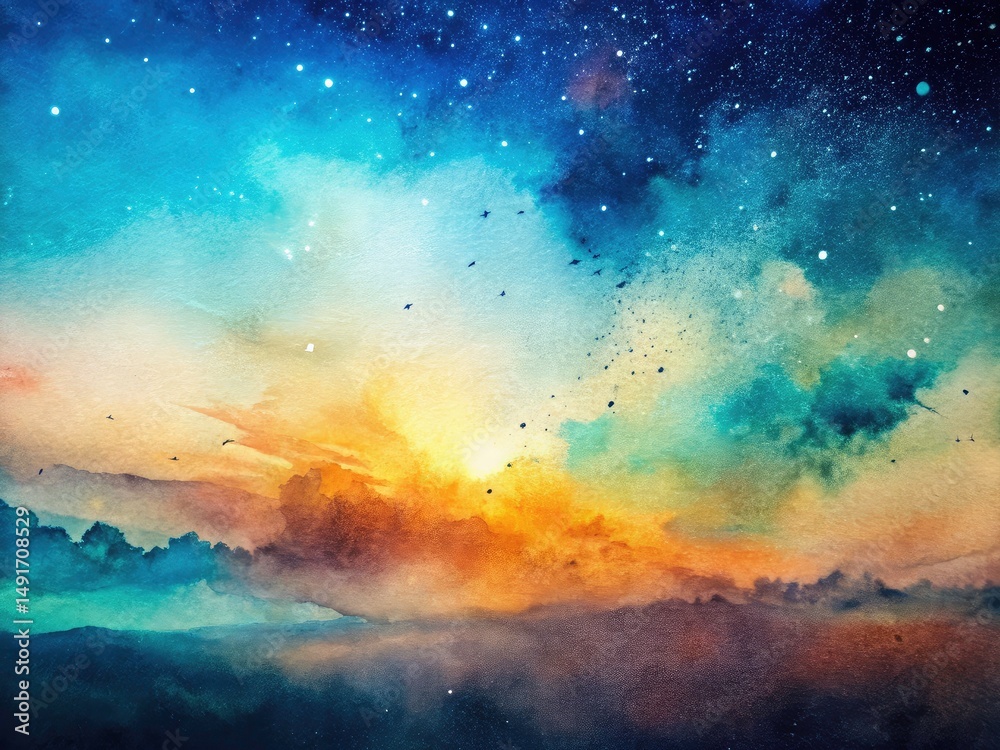 Naklejka premium Minimalist Abstract Watercolor Sky: Blue, Green, Orange Gradient with White Flecks