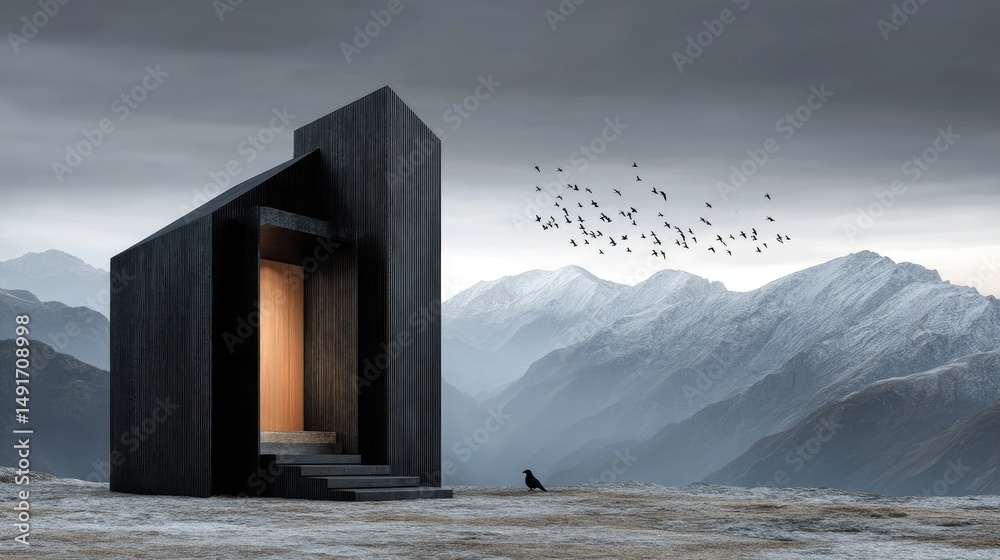 Modern Black Cabin with Raven Birds, and Snowy Mountains. Modern Black Cabin with Raven Birds, and Snowy Mountains.
