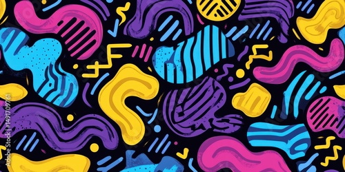 Colorful abstract shapes and wavy lines in blue, purple, yellow, and pink on a black background creating a lively and playful pattern